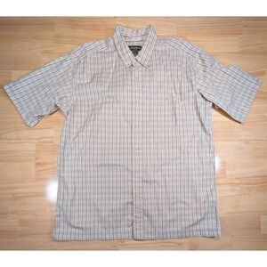 Eddie Bauer Mens XL Tall Short Sleeve Button Down Shirt Plaid Cotton Beige Blue